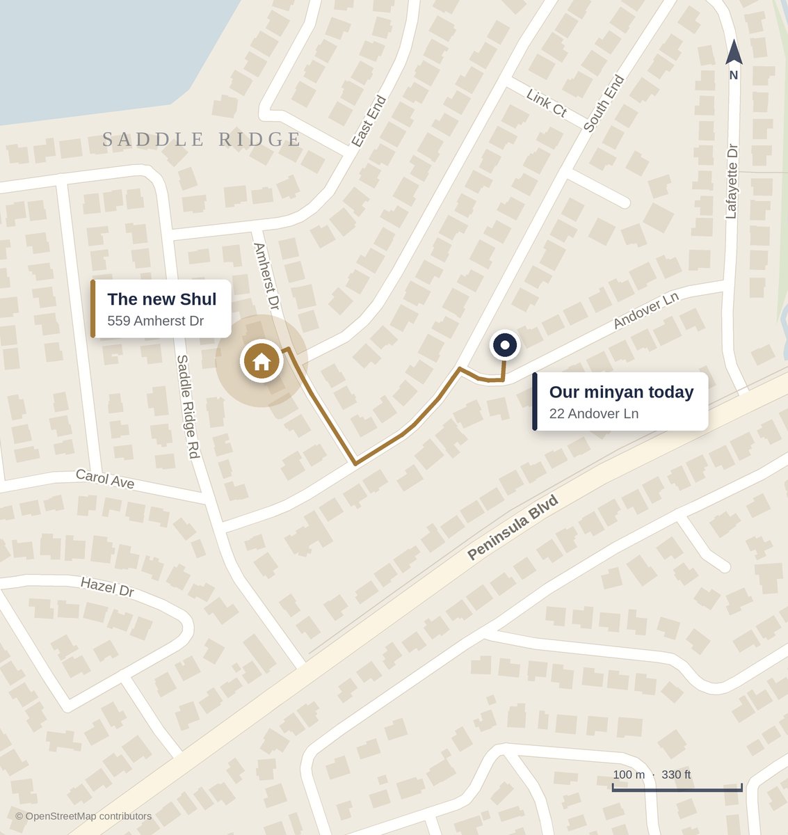 Map of Saddle Ridge showing the walk from 22 Andover Lane to 559 Amherst Drive